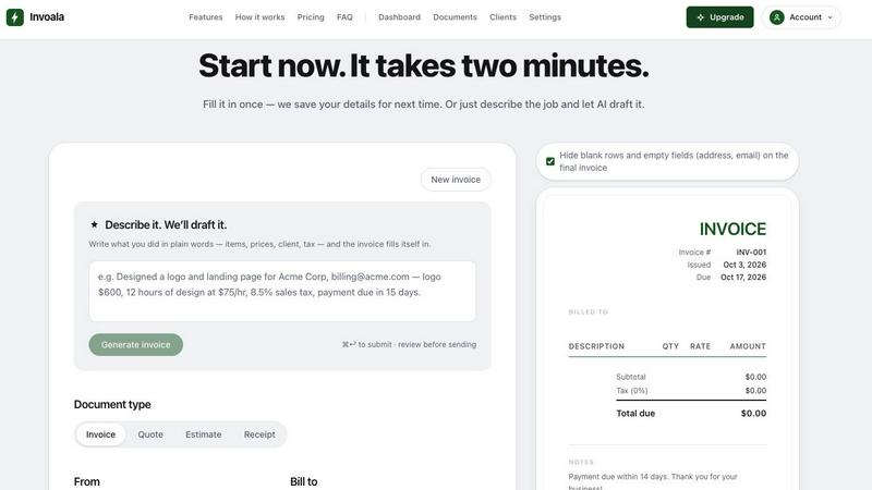 invoala application interface and features