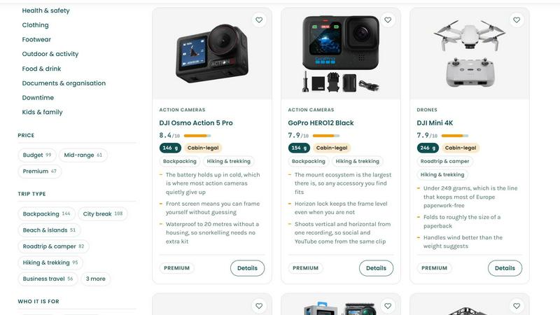 Travel Gear Shop application interface and features